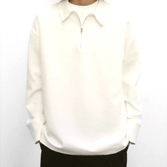 Zara Tops - Zara Oversized White Collared Polo Sweatshirt, Long Sleeves/Large